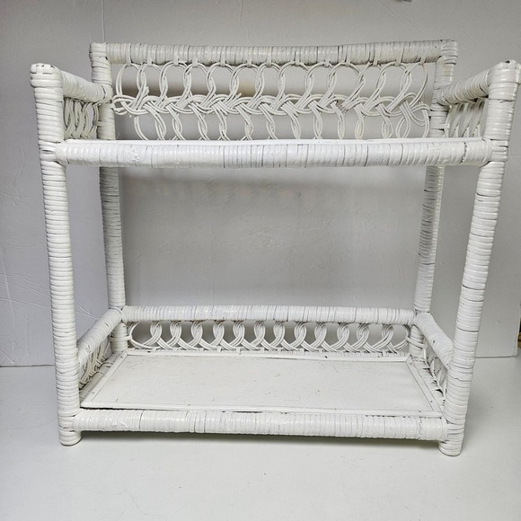 Vintage Wicker Rattan Bathroom Shelf Waste Basket Tissue Box Cover Set White - Picture 2 of 16